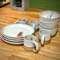 LARGE DISH SET - WHITE W/ BLUE & RED STREAKS