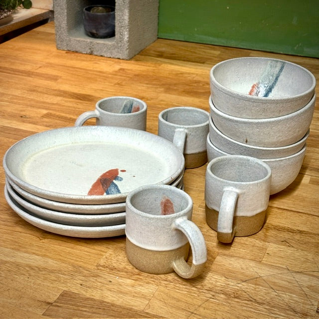 LARGE DISH SET - WHITE W/ BLUE & RED STREAKS