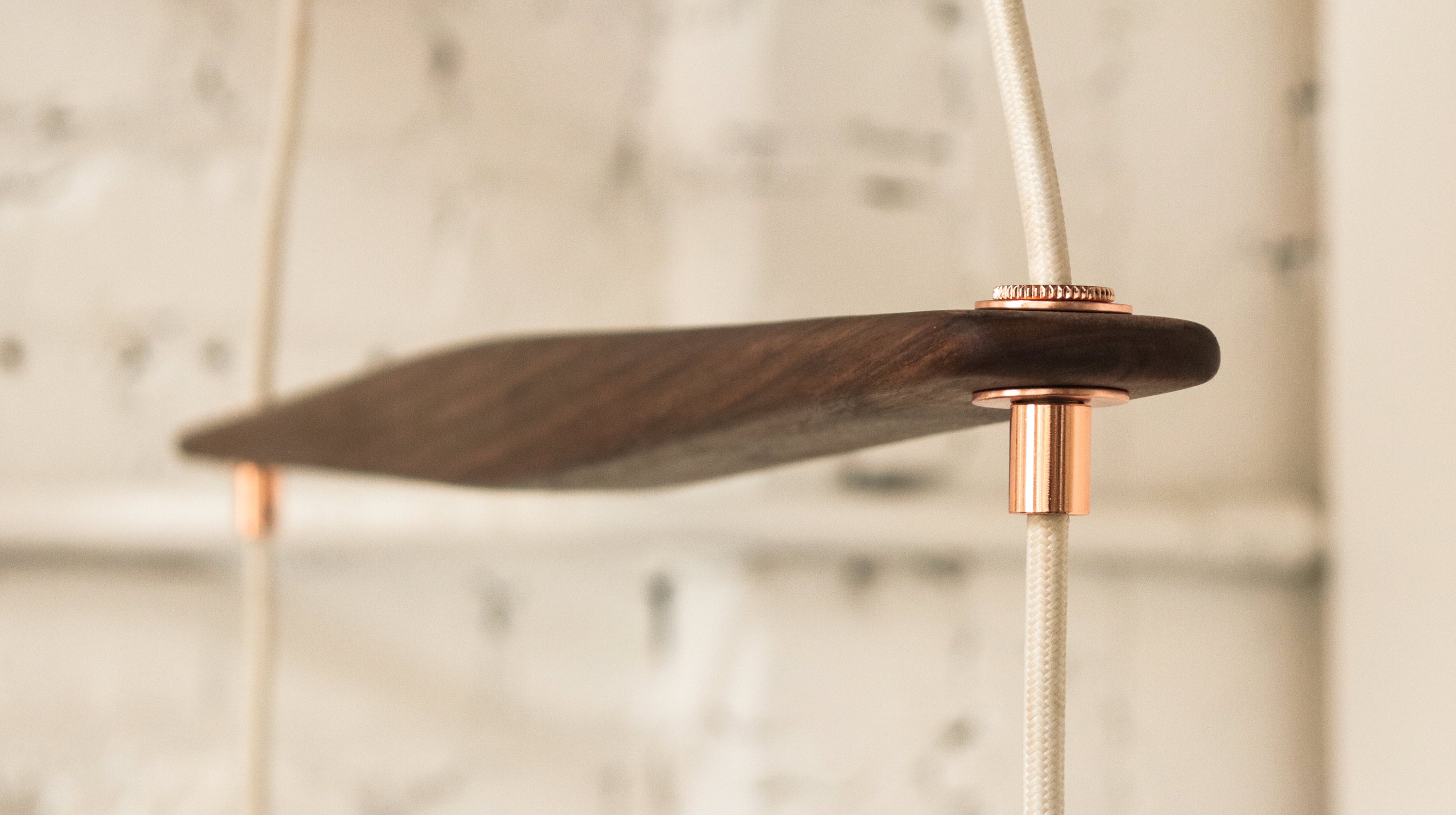 DOUBLE BARNSHADE PENDENT LAMP WITH WALNUT SUPPORT