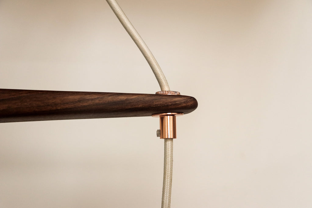 DOUBLE BARNSHADE PENDENT LAMP WITH WALNUT SUPPORT