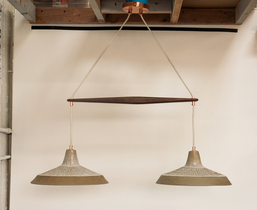 DOUBLE BARNSHADE PENDENT LAMP WITH WALNUT SUPPORT