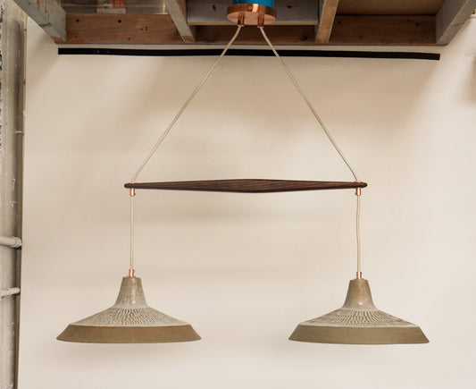 DOUBLE BARNSHADE PENDENT LAMP WITH WALNUT SUPPORT