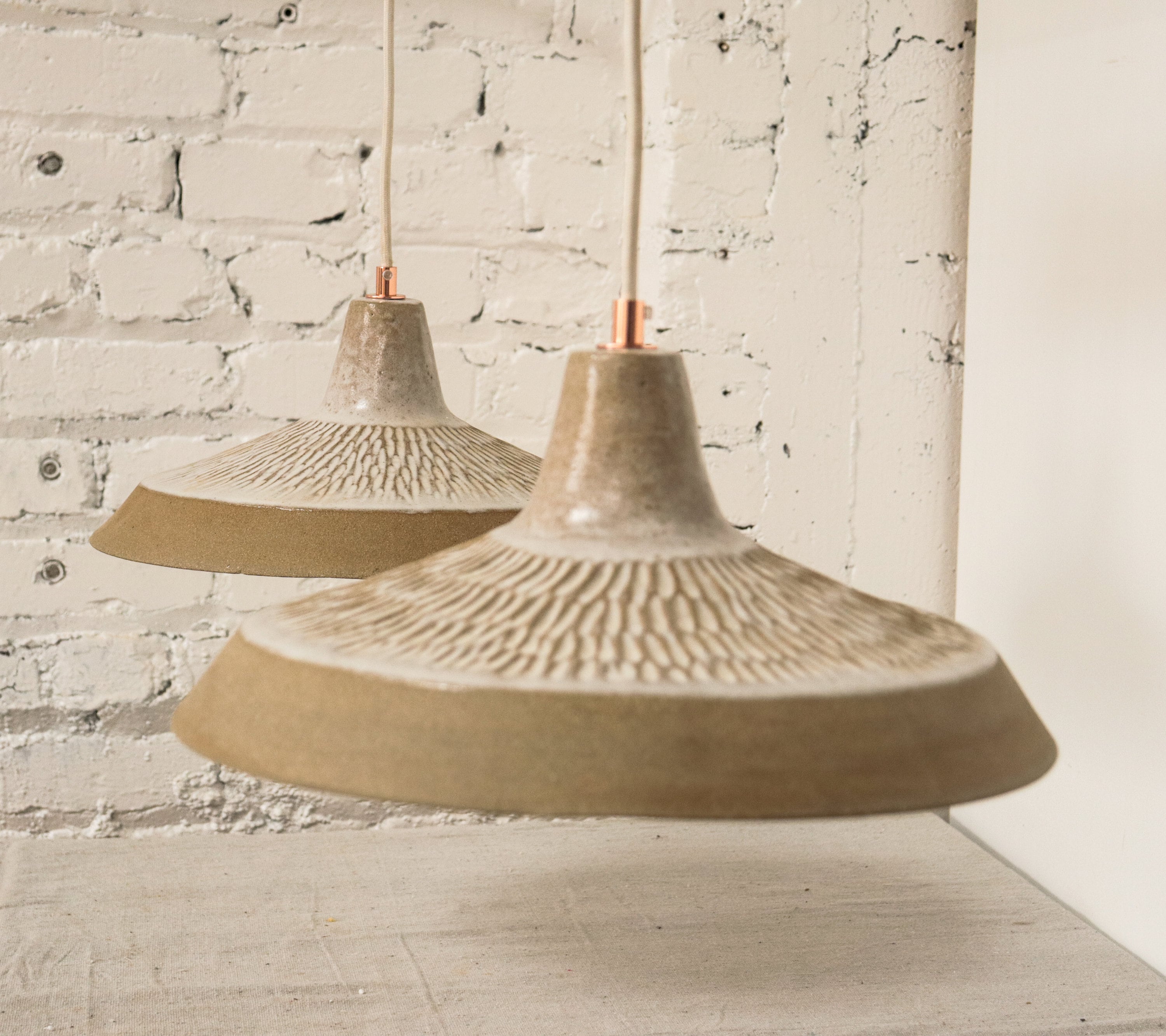 DOUBLE BARNSHADE PENDENT LAMP WITH WALNUT SUPPORT