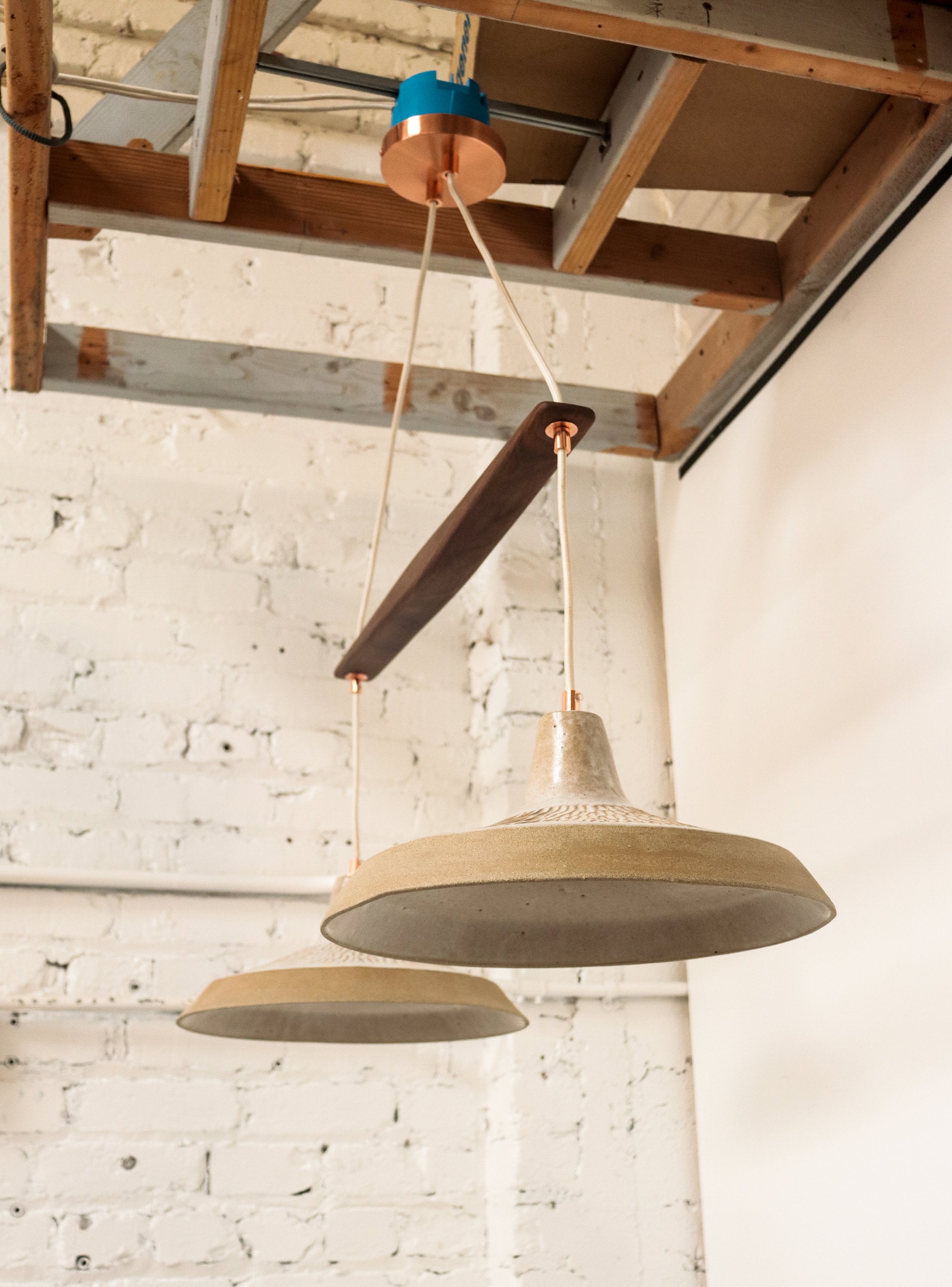 DOUBLE BARNSHADE PENDENT LAMP WITH WALNUT SUPPORT